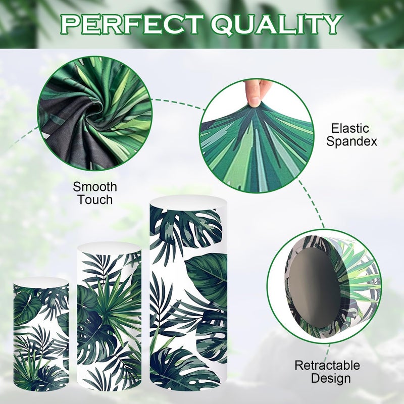 SaitiMade Set of 3 Green Leaves Cylinder Pedestal Stand Covers, 3pcs Spandex Green Leaves Cylinder Stand Covers for Party, Wedding or Birthday Event Decor (Only Contains Cylinder Covers) - Image 4